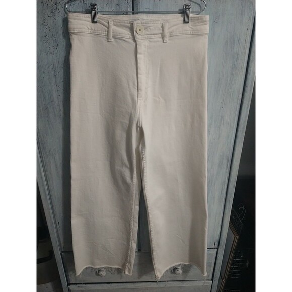 Zara Distressed Wide Leg Jeans White Sz 12 Boho Beachy Cottagecore - Picture 2 of 8